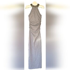 VTG Cachet Metallic Silver Beaded Halter Gown - Size 4